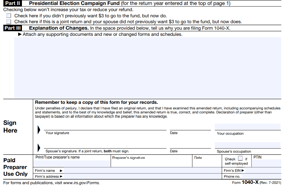 Part II and Part II Form 1040X