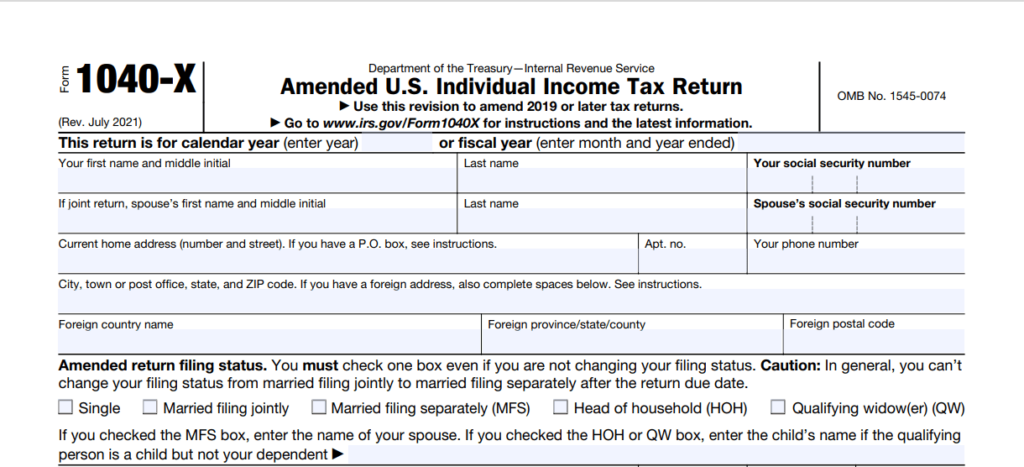 Part one form 1040X