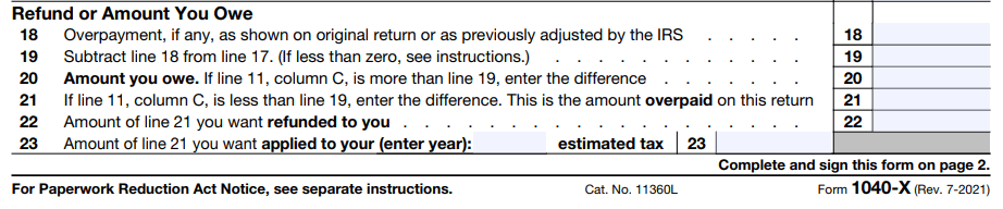 Refund or Amount You Owe Section of Form 1040X