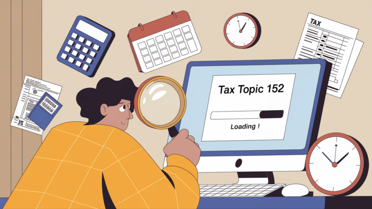 A person examining "Tax Topic 152" on a computer screen with a magnifying glass.