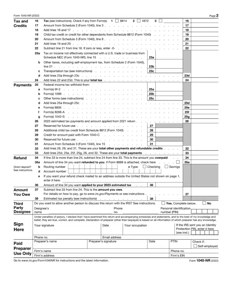 Form 1040 NR page 2