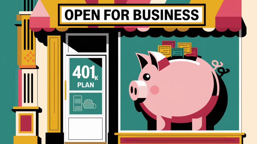 A block illustration of a small business storefront with a piggy bank filled with retirement savings.