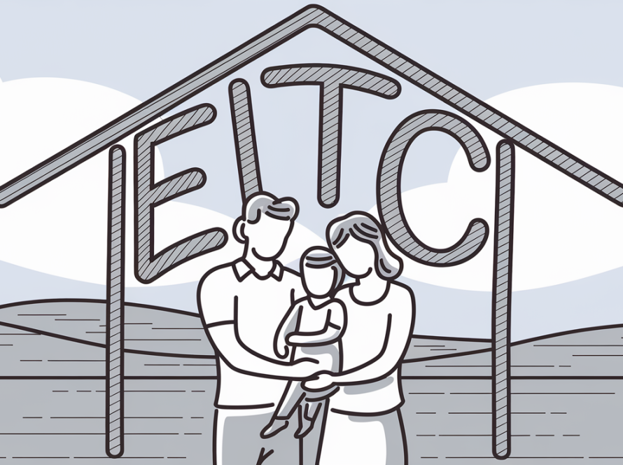 A family huddled together under a large "EITC" symbolizing a protective roof.