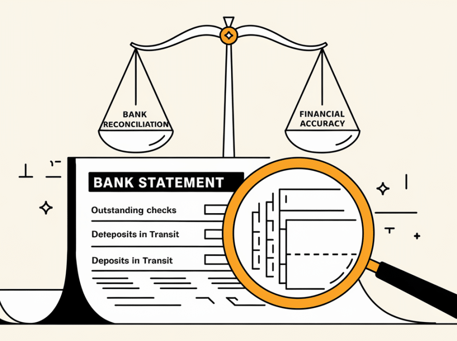 Vector line art of a magnifying glass inspecting a bank statement with a balanced scale in the background.