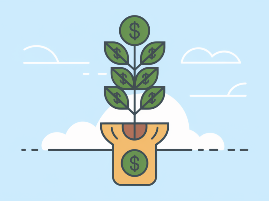 Line art of a plant growing into a tree with dollar signs on the leaves and branches.