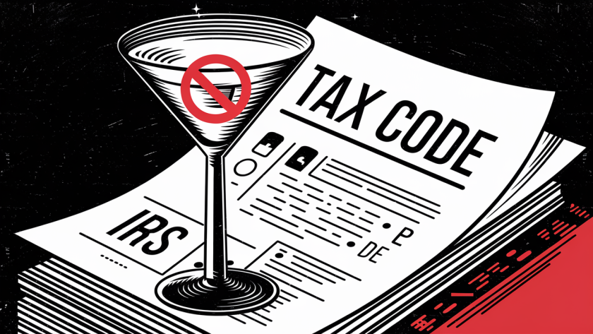 A martini glass with a "no" symbol, placed on IRS tax code documents.