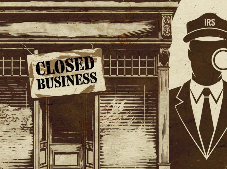 Woodcut illustration of a closed business being audited by the IRS.