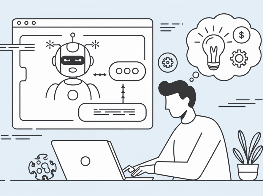Line art of person using AI-powered Chrome extension on laptop.