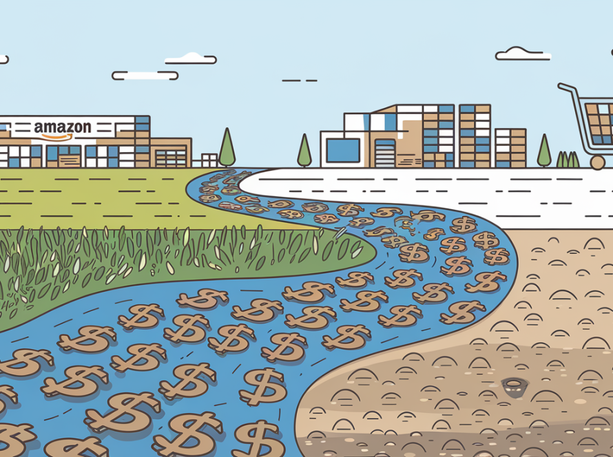 Line art drawing of a river made of dollar signs, representing cash flow, flowing past Amazon-related icons.