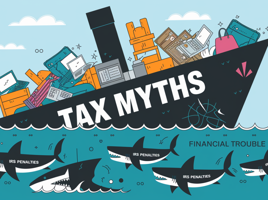 A line art drawing of a sinking ship labeled "Tax Myths" surrounded by sharks labeled "IRS Penalties."