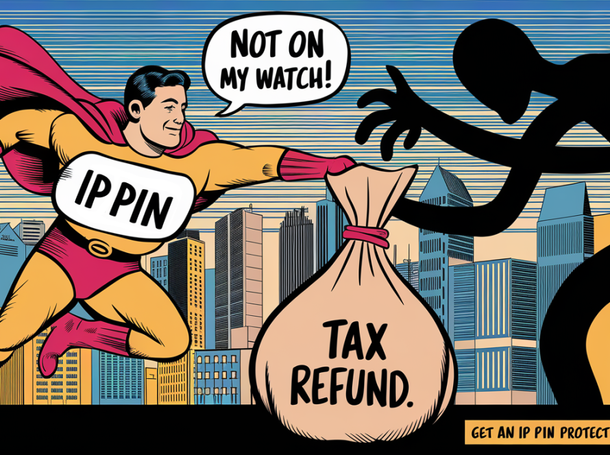 Block illustration of an IP PIN superhero protecting a tax refund from a thief.