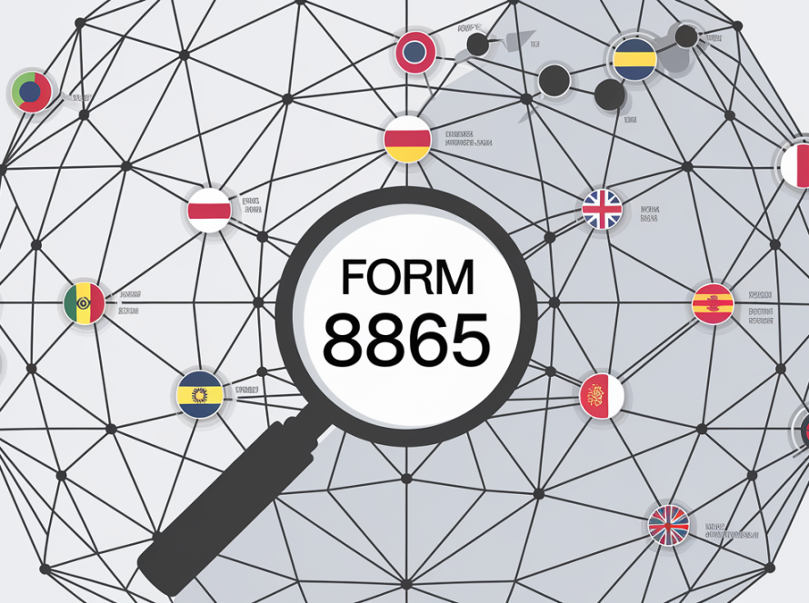 Geometric line art of a globe with connections to different countries, representing foreign partnerships. A magnifying glass with "Form 8865" highlights the need for reporting.