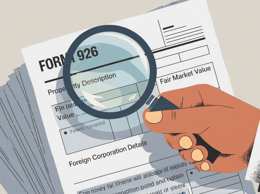 A hand holding a magnifying glass over Form 926.