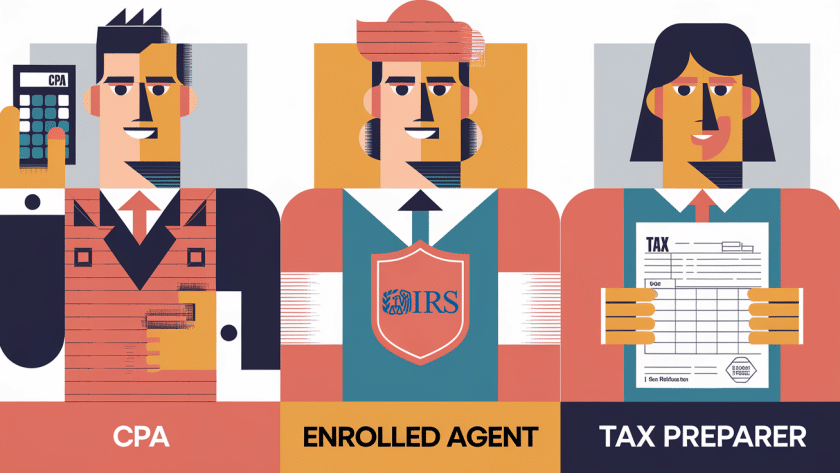 A vector graphic illustrating the differences between a CPA, Enrolled Agent, and Tax Preparer.