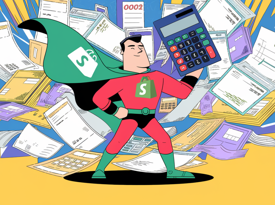 An advertising illustration of a superhero accountant protecting a Shopify store from a whirlwind of financial documents.