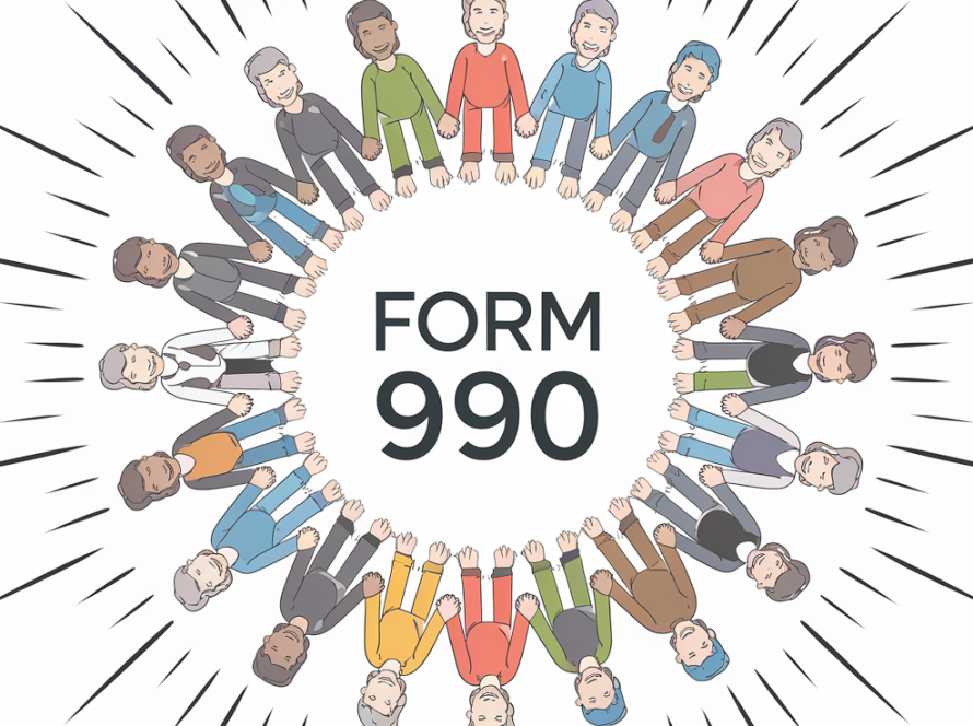 Vector line art of people around Form 990 with radiating light.