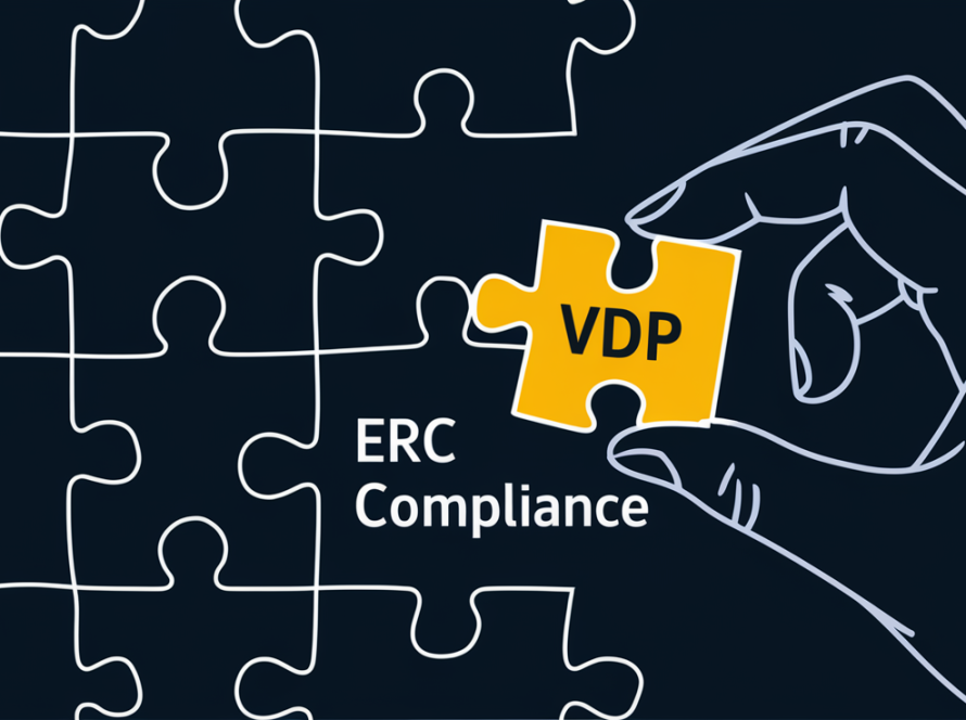 A hand placing a "VDP" puzzle piece into an "ERC Compliance" puzzle