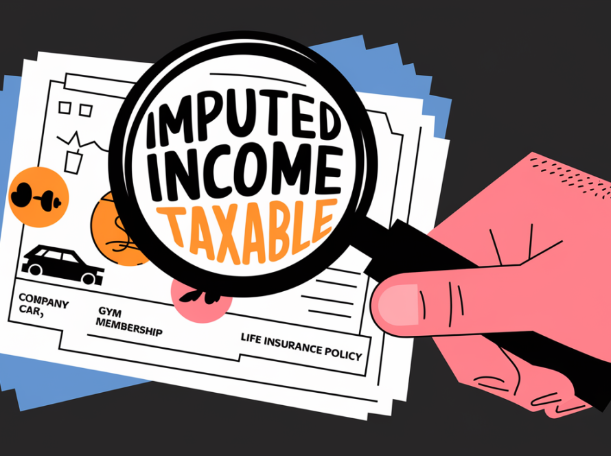 Block illustration of a magnifying glass revealing hidden figures in a paycheck, representing imputed income.