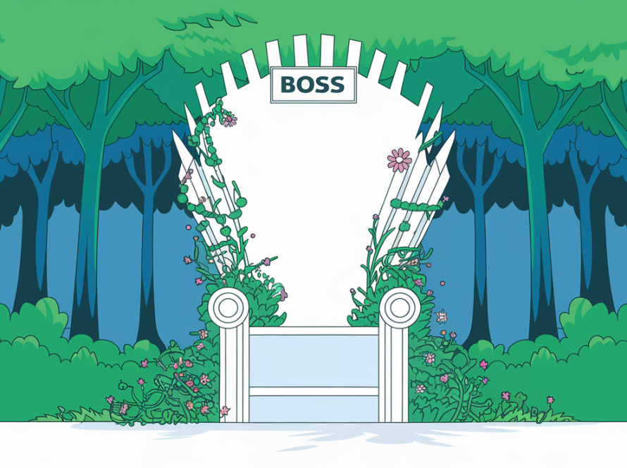 An empty throne overgrown with plants.