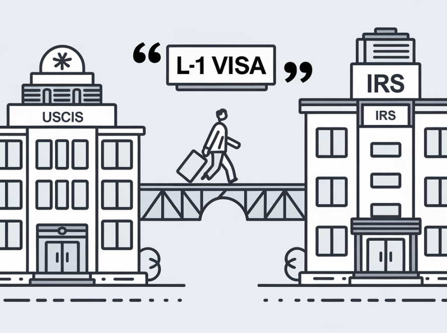 Line art of two office buildings connected by a bridge with a person walking towards the U.S. office labeled 'L-1 Visa