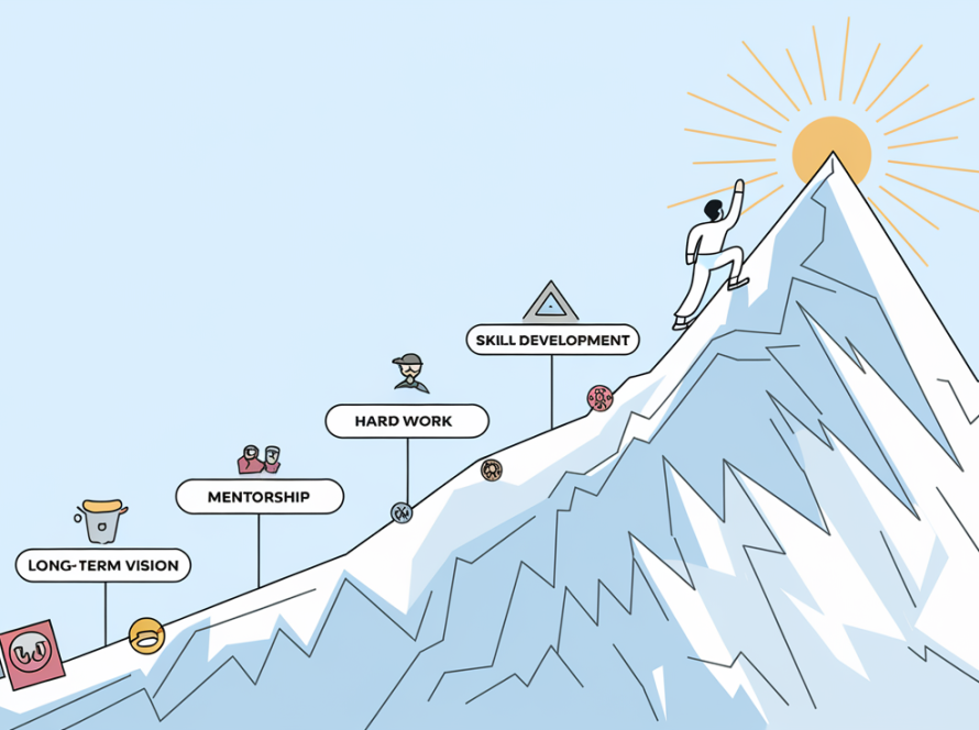 Line art person climbing a mountain towards a bright summit, passing milestones representing hard work and skill development.