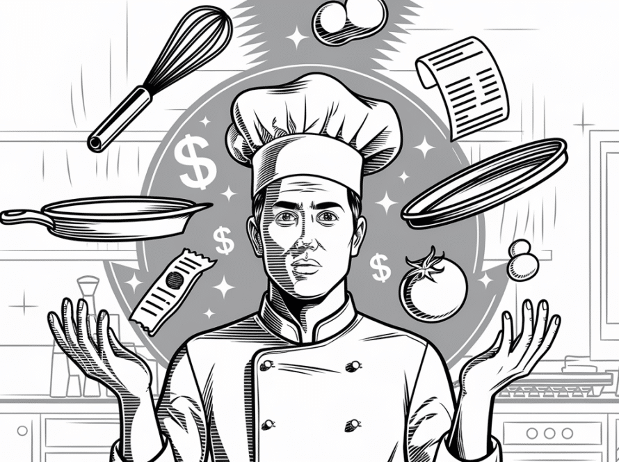 Line art drawing of a chef juggling cooking tools and a dollar sign