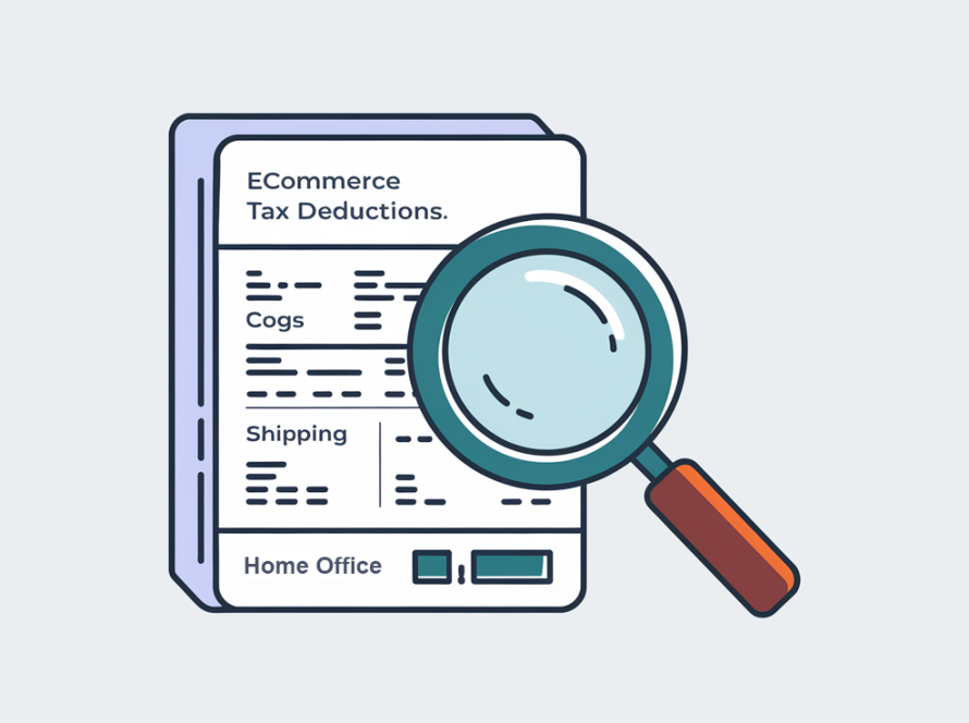 Line art of a magnifying glass inspecting an invoice with tax deductions.