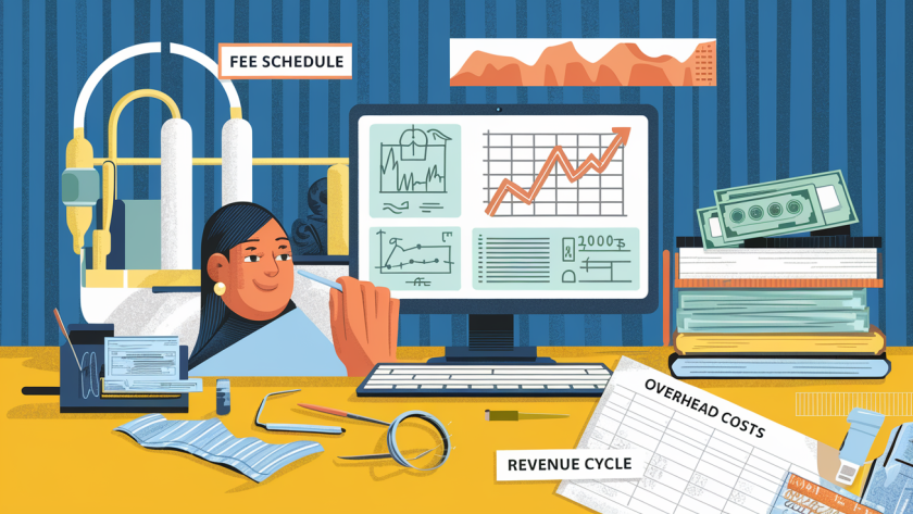 A collage illustration combining various textures and images to represent the complexities of running a profitable dental practice.