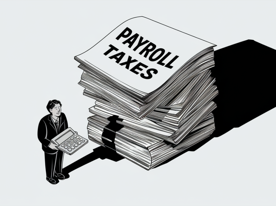 A block illustration showing a person overwhelmed by a large stack of paperwork labeled "Payroll Taxes."
