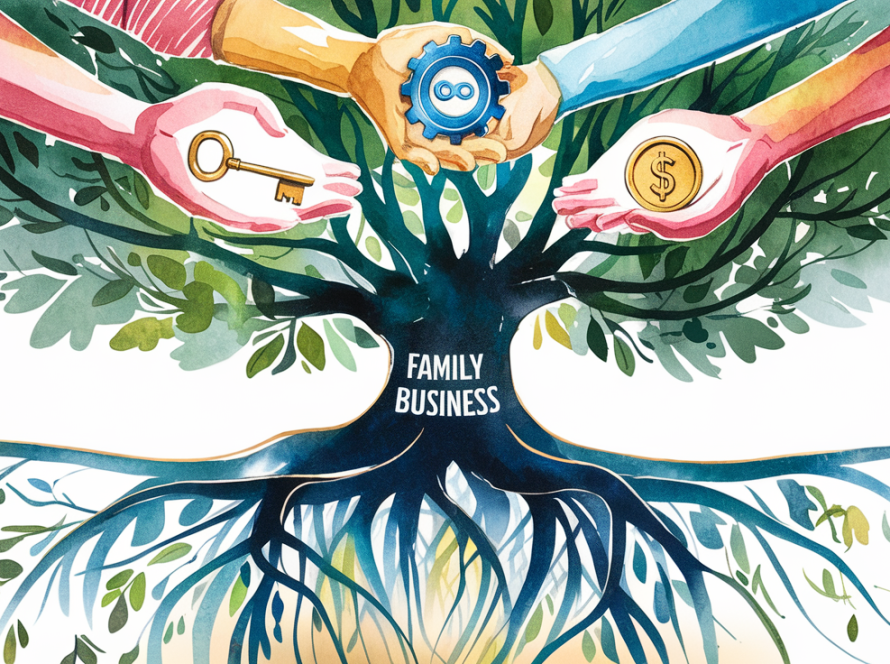 Watercolor illustration of a family tree with branches holding business symbols, representing the interconnectedness of family and business in succession planning.