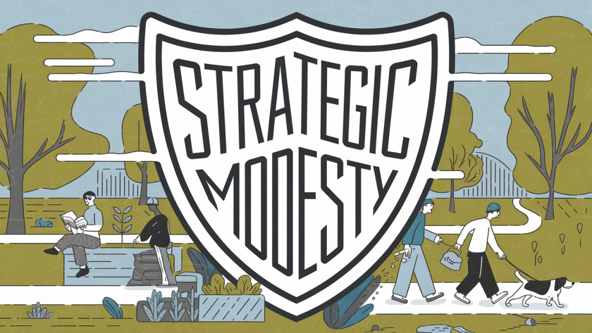 A shield protecting people, with the words "Strategic Modesty."
