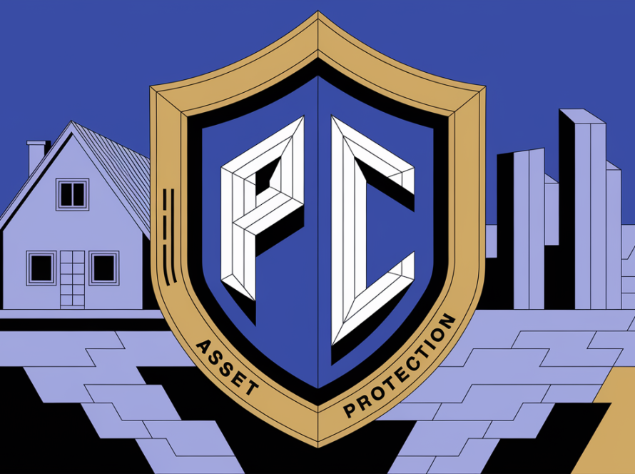 A shield protecting a house and city, symbolizing asset protection.