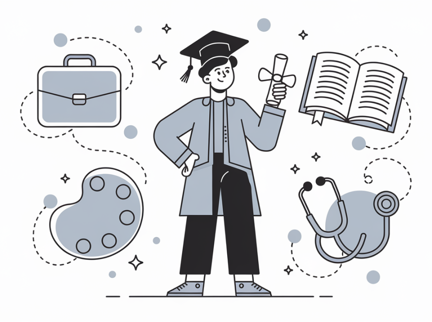 Line art of a young graduate with symbols of various career paths