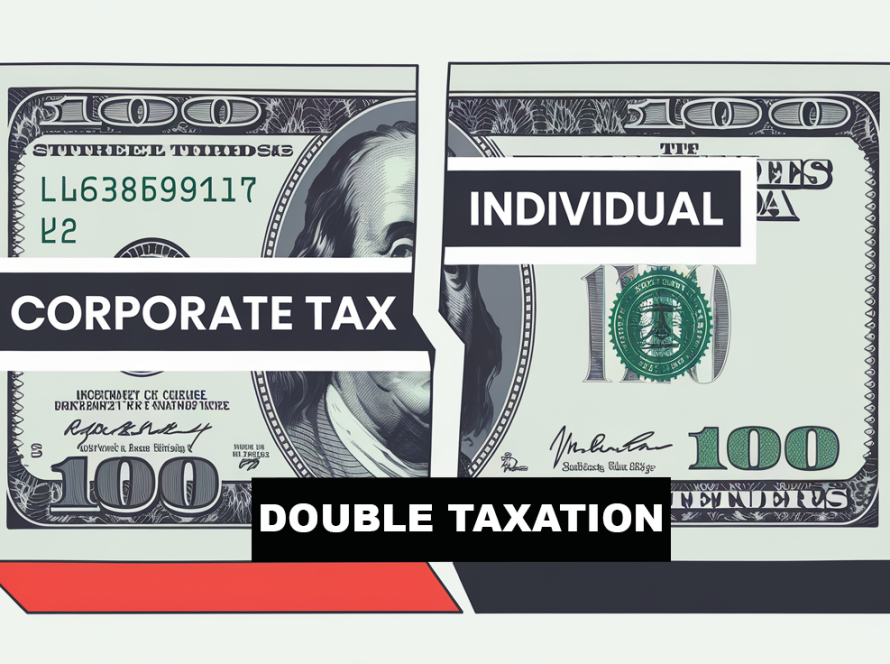 A graphic illustration of a dollar bill split in two, representing double taxation on corporate profits and dividends.