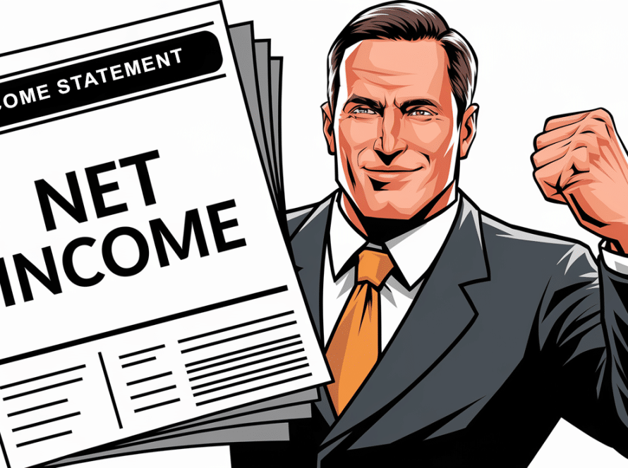 A successful entrepreneur holding an income statement.