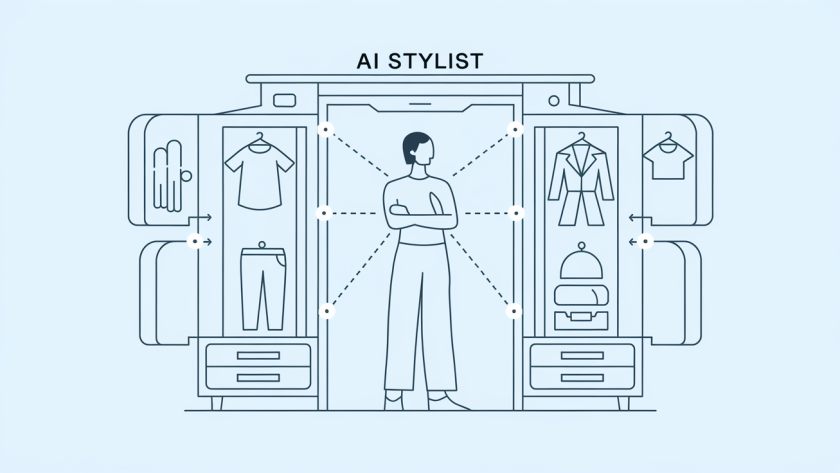 Line art of a person with a virtual wardrobe and 'AI Stylist' text