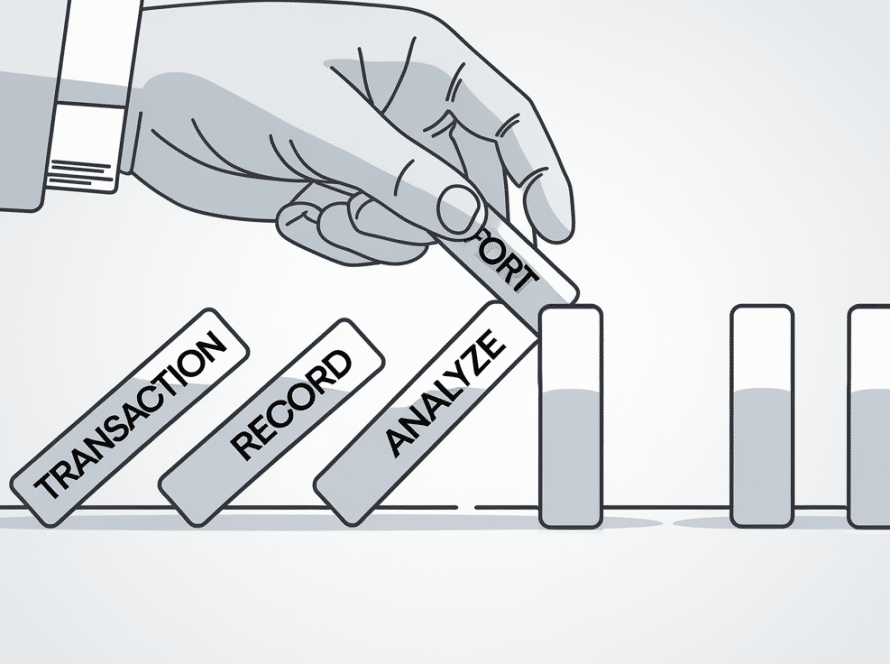 Line art drawing of dominos representing the bookkeeping process.