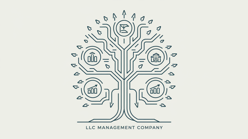 A stylized tree diagram in vector line art representing an LLC management company consolidating resources from multiple business entities.