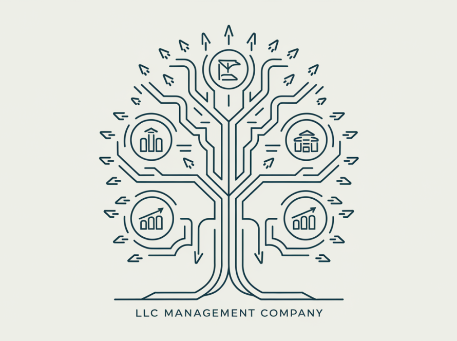 A stylized tree diagram in vector line art representing an LLC management company consolidating resources from multiple business entities.