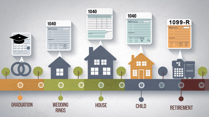 A stylized timeline of life with tax forms emerging from key milestones.