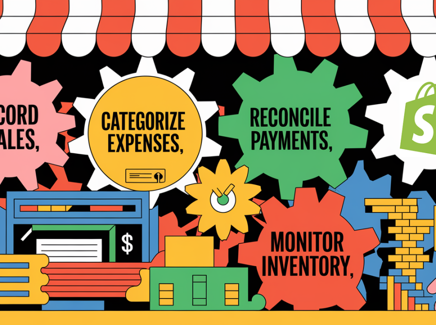 A stylized image depicting a Shopify store as a machine with interconnected gears, representing various bookkeeping tasks.