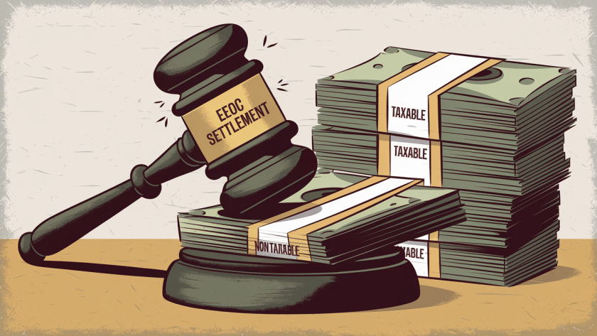 A gavel striking a stack of money, divided into "Taxable" and "Non-Taxable" sections.