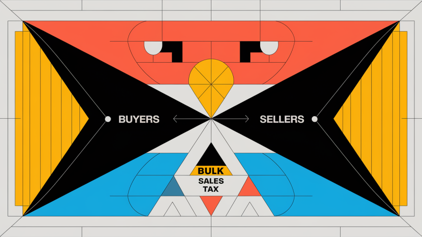 A geometric illustration with contrasting black and white shapes representing the balance between buyers' and sellers' responsibilities in a bulk sale, with "Bulk Sales Tax" integrated as a repeating pattern.