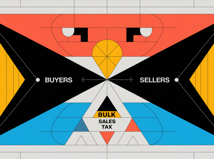 A geometric illustration with contrasting black and white shapes representing the balance between buyers' and sellers' responsibilities in a bulk sale, with "Bulk Sales Tax" integrated as a repeating pattern.