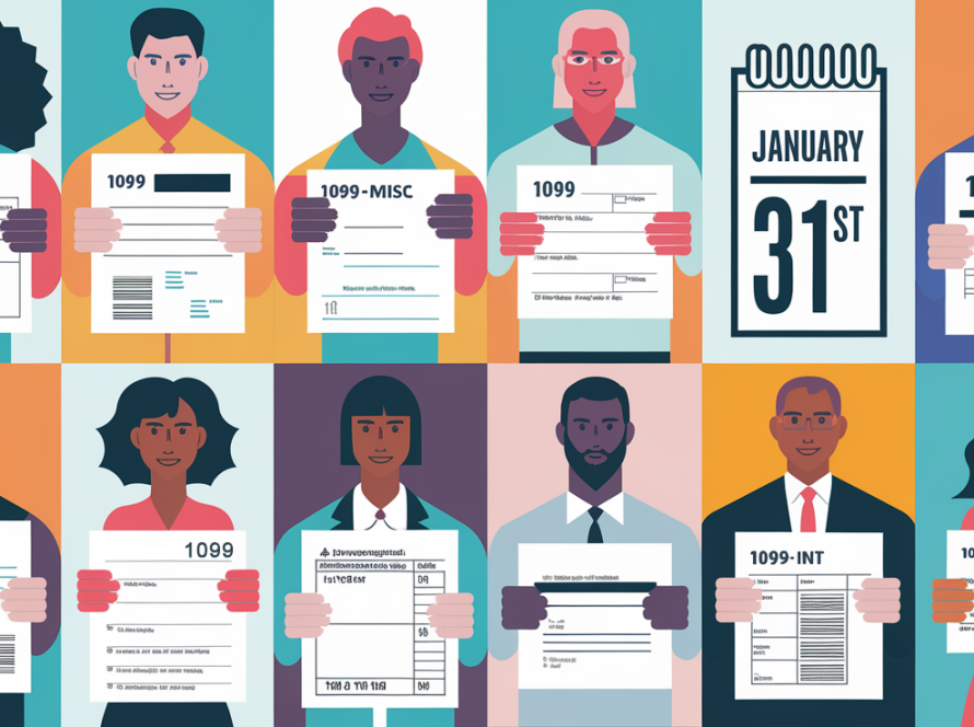 People holding different 1099 forms with a calendar showing the filing deadline.