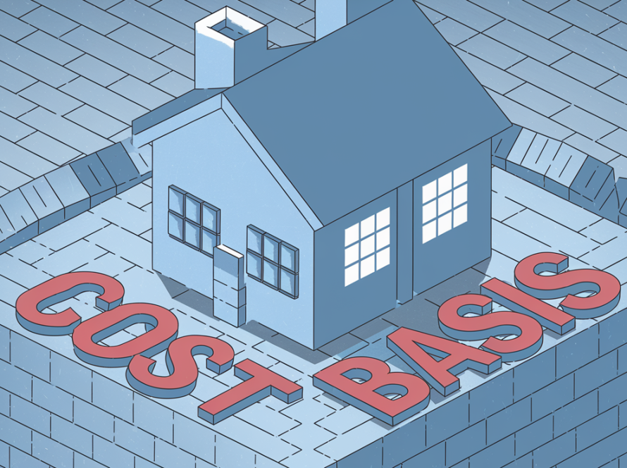 A block illustration of a house divided in half, with one half larger than the other, representing a divorce buyout. The keyword "Cost Basis" is displayed on the foundation.