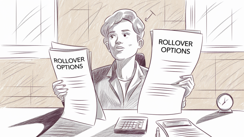 A person reviewing documents labeled "Rollover Options."