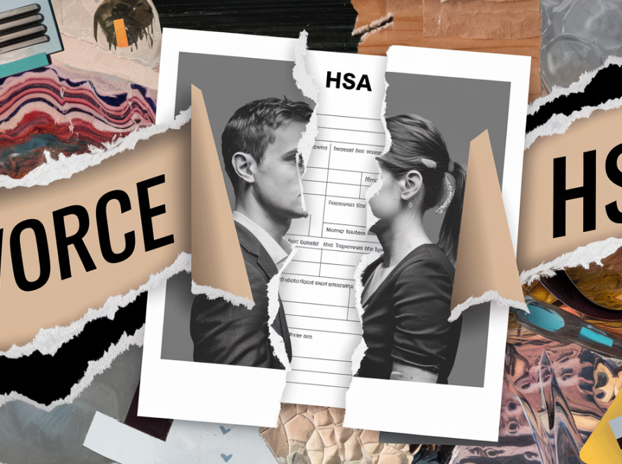 Collage of a torn photograph revealing an HSA form, symbolizing divorce.