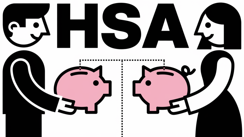 Two figures with piggy banks representing HSAs, connected by a line labeled "Contribution Limit".