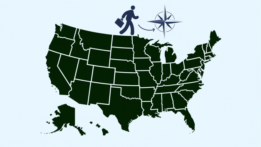 A graphic of the United States with different colors and connecting lines, representing state income tax variations and reciprocity agreements.